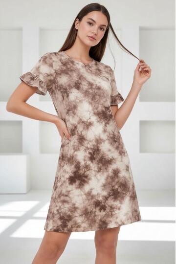 Kadın Bisiklet Yaka Kısa Volanlı Kol Viskon Günlük Midi Boy Desenli Casual Elbise