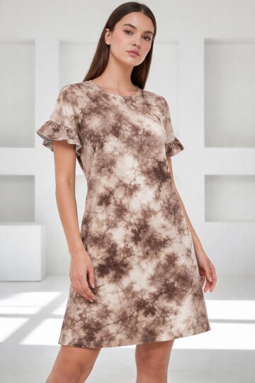 Kadın Bisiklet Yaka Kısa Volanlı Kol Viskon Günlük Midi Boy Desenli Casual Elbise