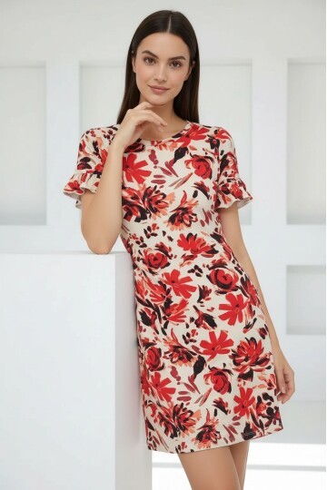 Kadın Bisiklet Yaka Kısa Volanlı Kol Viskon Günlük Midi Boy Desenli Casual Elbise