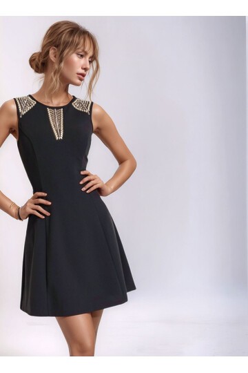 Kadın Bisiklet Yaka Gold Taş Baskılı Omuz Çan Etek Şık Curve Abiye Elbise