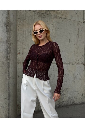 Kadın Bisiklet Yaka Önden Düğmeli Full Esnek Dantel Bürümcük Spor Şık Tasarım Gece Bluzu