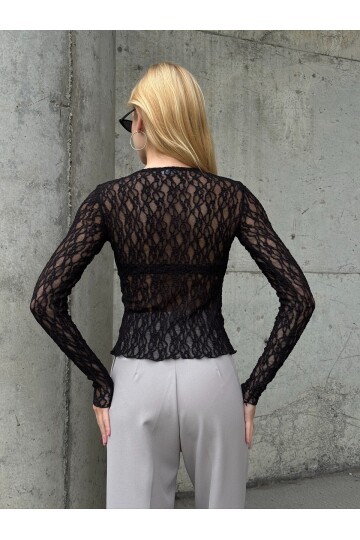 Kadın Bisiklet Yaka Önden Düğmeli Full Esnek Dantel Bürümcük Spor Şık Tasarım Gece Bluzu