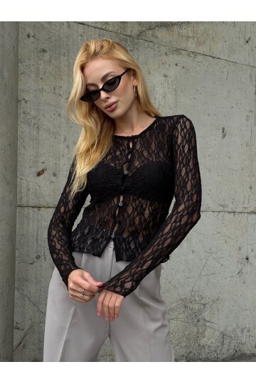 Kadın Bisiklet Yaka Önden Düğmeli Full Esnek Dantel Bürümcük Spor Şık Tasarım Gece Bluzu