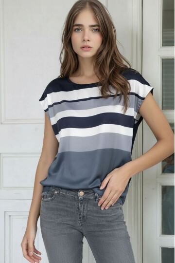Kadın Bisiklet Yaka Saten Viskon Kısa Kol Spor Şık Çizgili Bluz