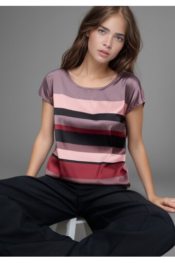 Kadın Bisiklet Yaka Saten Viskon Kısa Kol Spor Şık Çizgili Bluz