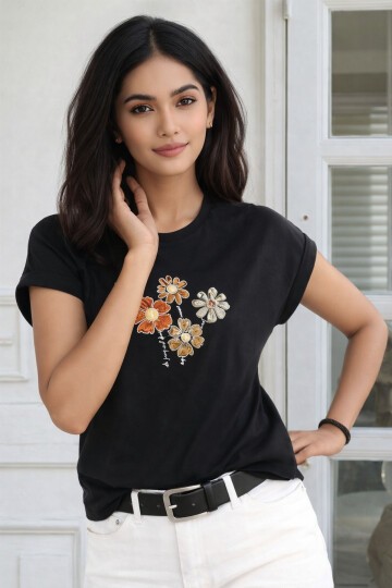 Kadın Bisiklet Yaka Jersey Pamuklu Çiçek Nakışlı Kısa Kol Spor Şık Bluz