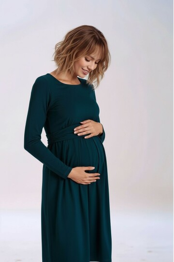 Kadın Bisiklet Yaka Tesettüre Uygun Uzun Kol Viskon Gizli Emzirme Bölümlü Şık Hamile Elbisesi