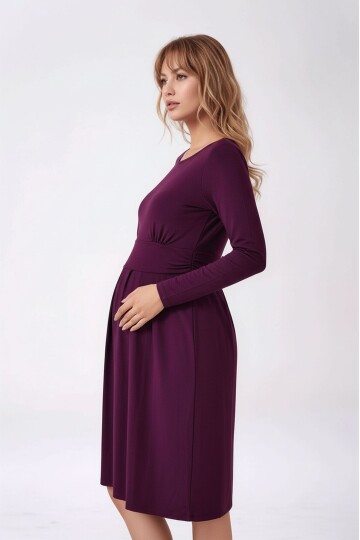 Kadın Bisiklet Yaka Tesettüre Uygun Uzun Kol Viskon Gizli Emzirme Bölümlü Şık Hamile Elbisesi