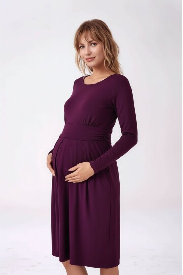 Kadın Bisiklet Yaka Tesettüre Uygun Uzun Kol Viskon Gizli Emzirme Bölümlü Şık Hamile Elbisesi