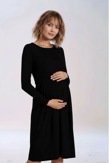 Kadın Bisiklet Yaka Tesettüre Uygun Uzun Kol Viskon Gizli Emzirme Bölümlü Şık Hamile Elbisesi