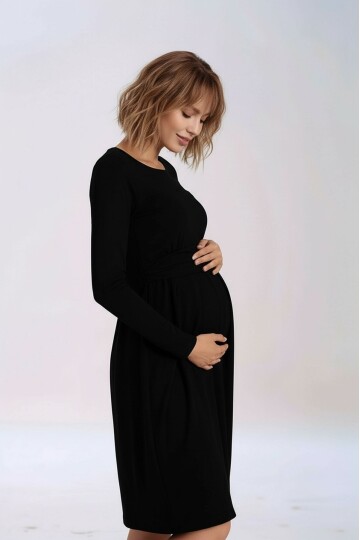 Kadın Bisiklet Yaka Tesettüre Uygun Uzun Kol Viskon Gizli Emzirme Bölümlü Şık Hamile Elbisesi