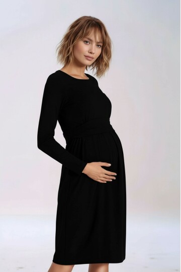 Kadın Bisiklet Yaka Tesettüre Uygun Uzun Kol Viskon Gizli Emzirme Bölümlü Şık Hamile Elbisesi