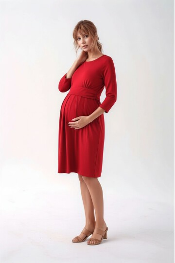 Kadın Bisiklet Yaka Tesettüre Uygun Uzun Kol Viskon Gizli Emzirme Bölümlü Şık Hamile Elbisesi