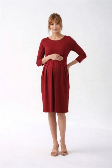 Kadın Bisiklet Yaka Tesettüre Uygun Uzun Kol Viskon Gizli Emzirme Bölümlü Şık Hamile Elbisesi