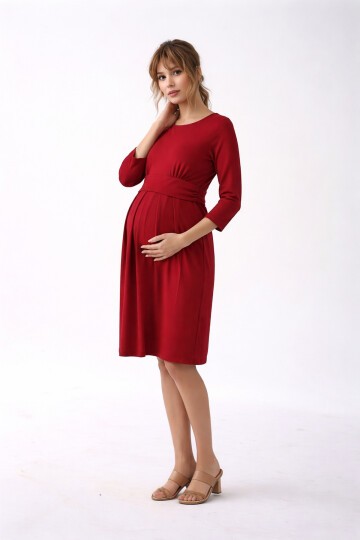 Kadın Bisiklet Yaka Tesettüre Uygun Uzun Kol Viskon Gizli Emzirme Bölümlü Şık Hamile Elbisesi