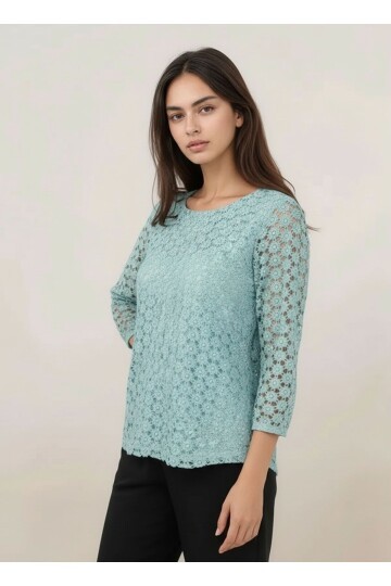 Kadın Bisiklet Yaka Truvakar Kol Çiçek Güpürlü Büyük Beden Curve Bluz