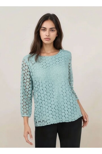 Kadın Bisiklet Yaka Truvakar Kol Çiçek Güpürlü Büyük Beden Curve Bluz