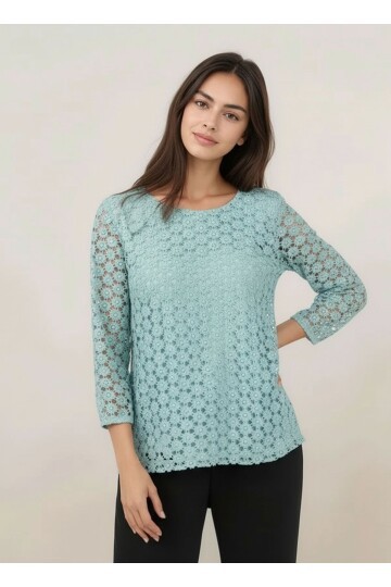 Kadın Bisiklet Yaka Truvakar Kol Çiçek Güpürlü Büyük Beden Curve Bluz