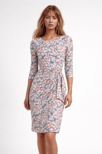 Kadın Bisiklet Yaka Truvakar Kol Viskon Yandan Bağlamalı Midi Boy Desenli Casual Şık Elbise