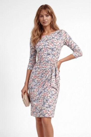 Kadın Bisiklet Yaka Truvakar Kol Viskon Yandan Bağlamalı Midi Boy Desenli Casual Şık Elbise