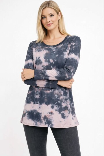 Kadın Bisiklet Yaka Uzun Kol Dijital Baskı Batik Pamuk Basic T-shirt