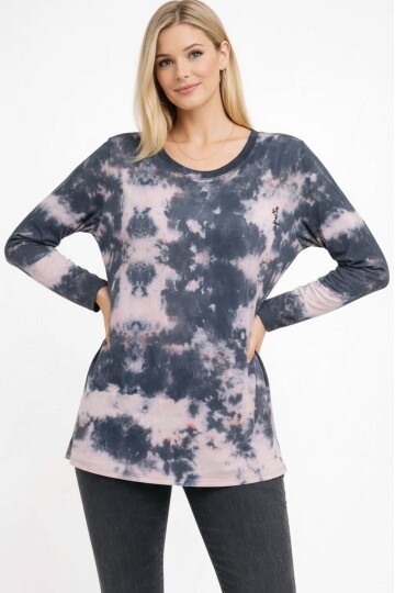 Kadın Bisiklet Yaka Uzun Kol Dijital Baskı Batik Pamuk Basic T-shirt