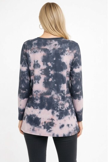 Kadın Bisiklet Yaka Uzun Kol Dijital Baskı Batik Pamuk Basic T-shirt