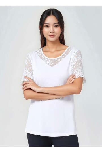 Kadın Bisiklet Yaka Yarım Dantel Kol ve Yaka Detay Viskon Büyük Beden Curve Bluz