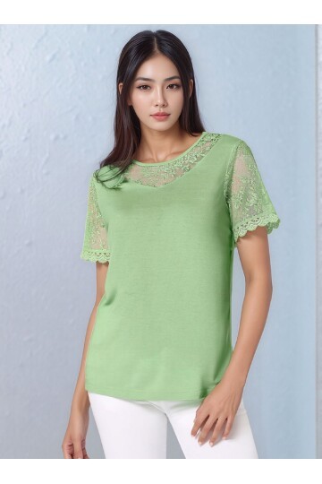 Kadın Bisiklet Yaka Yarım Dantel Kol ve Yaka Detay Viskon Büyük Beden Curve Bluz