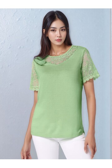 Kadın Bisiklet Yaka Yarım Dantel Kol ve Yaka Detay Viskon Büyük Beden Curve Bluz