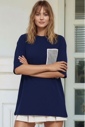 Kadın Bisiklet Yaka Yarım Kol Basic %100 Pamuk Düz Cep Örgü Curve Büyük Beden Tshirt