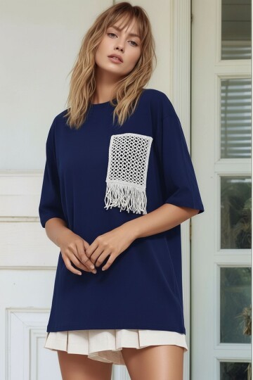 Kadın Bisiklet Yaka Yarım Kol Basic %100 Pamuk Düz Cep Örgü Curve Büyük Beden Tshirt