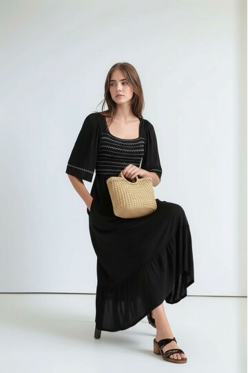 Kadın Kare Yaka Yarım Kol Maxi Boy Günlük/Casual Yazlık Viskon Spor Şık Elbise