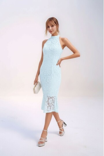 Kadın Boyundan Bağlamalı Astarlı Eteği Volanlı Balık Model Güpür Detaylı Abiye Gece Curve Şık Elbise