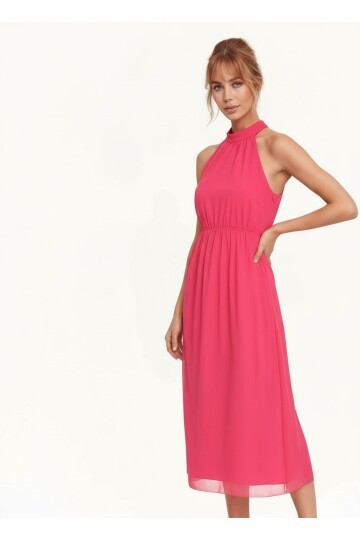 Kadın Boyundan Bağlamalı Belden Büzgülü Kolsuz Spor Şık Fuşya Tül Büyük Curve Elbise