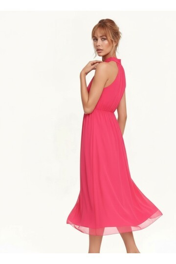 Kadın Boyundan Bağlamalı Belden Büzgülü Kolsuz Spor Şık Fuşya Tül Büyük Curve Elbise