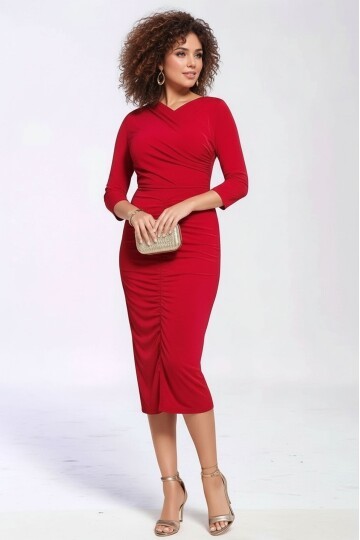 Kadın Büyük Beden Asimetrik Yaka Önden Büzgülü Uzun Kol Kırmızı Şık Curve Gece Abiye Elbisesi