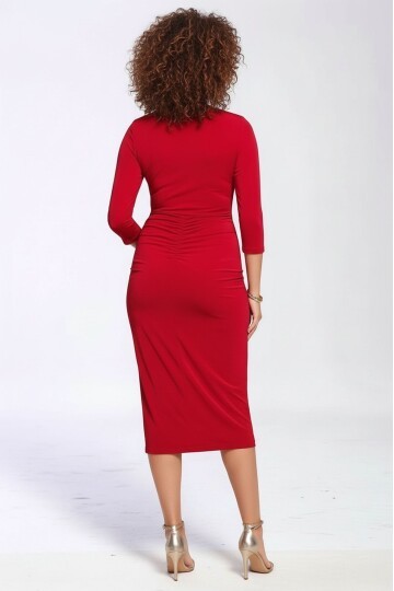Kadın Büyük Beden Asimetrik Yaka Önden Büzgülü Uzun Kol Kırmızı Şık Curve Gece Abiye Elbisesi