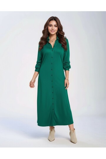 Kadın Büyük Beden Gömlek Yaka Önden Düğmeli Beli Kuşaklı Uzun Kol Şık Curve Elbise