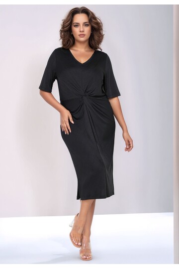 Kadın V Yaka Büyük Beden Önden Düğümlü  Asimetrik Kesim Truvakar Kol Şık Curve Abiye Elbise