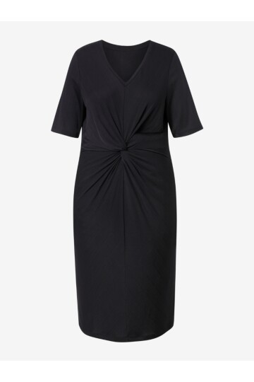 Kadın V Yaka Büyük Beden Önden Düğümlü  Asimetrik Kesim Truvakar Kol Şık Curve Abiye Elbise