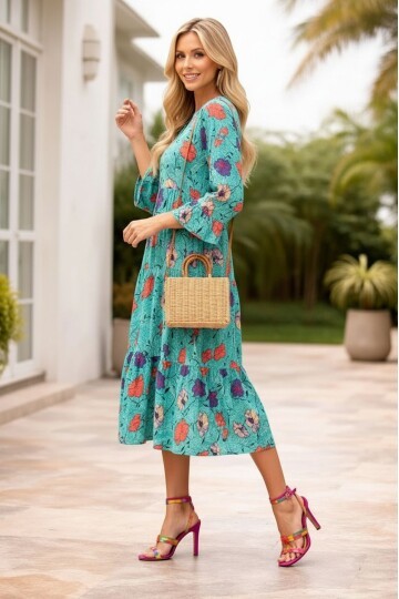 Kadın Büyük Beden Truvakar Kol Volanlı Katlı Etekli Curve Spor Şık Pamuk Yazlık Elbise