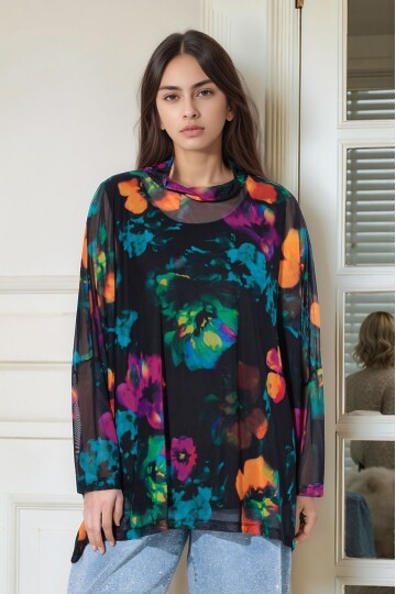 Kadın Çiçek Desenli Yarım Balıkçı Büyük Beden Curve Spor Şık Uzun Kol Atletli Tül Bluz