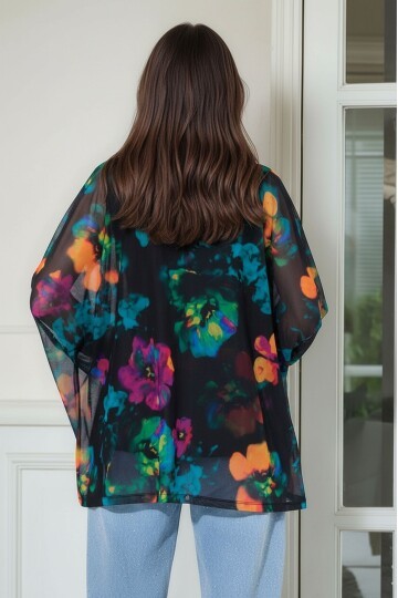 Kadın Çiçek Desenli Yarım Balıkçı Büyük Beden Curve Spor Şık Uzun Kol Atletli Tül Bluz