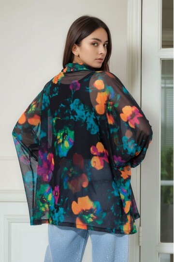 Kadın Çiçek Desenli Yarım Balıkçı Büyük Beden Curve Spor Şık Uzun Kol Atletli Tül Bluz