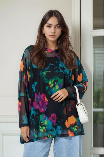 Kadın Çiçek Desenli Yarım Balıkçı Büyük Beden Curve Spor Şık Uzun Kol Atletli Tül Bluz