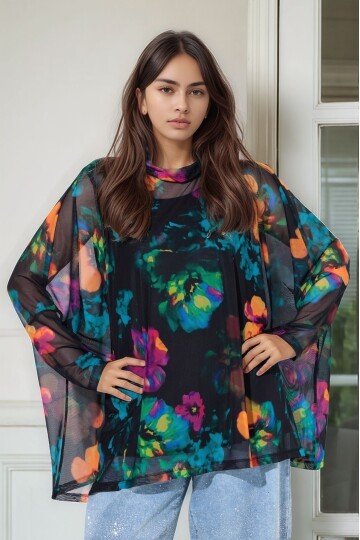 Kadın Çiçek Desenli Yarım Balıkçı Büyük Beden Curve Spor Şık Uzun Kol Atletli Tül Bluz