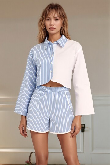 Kadın Çizgili Asimetrik Kesim İspanyol Kol Önden Düğmeli Spor Şık Tasarım Şort Gömlek Takım