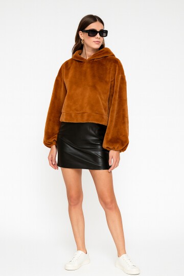 Kadın Crop Boy Yumuşacık Balon Uzun Kol Kapüşonlu Şık Kısa Sweatshirt
