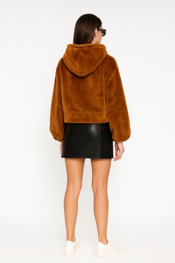 Kadın Crop Boy Yumuşacık Balon Uzun Kol Kapüşonlu Şık Kısa Sweatshirt